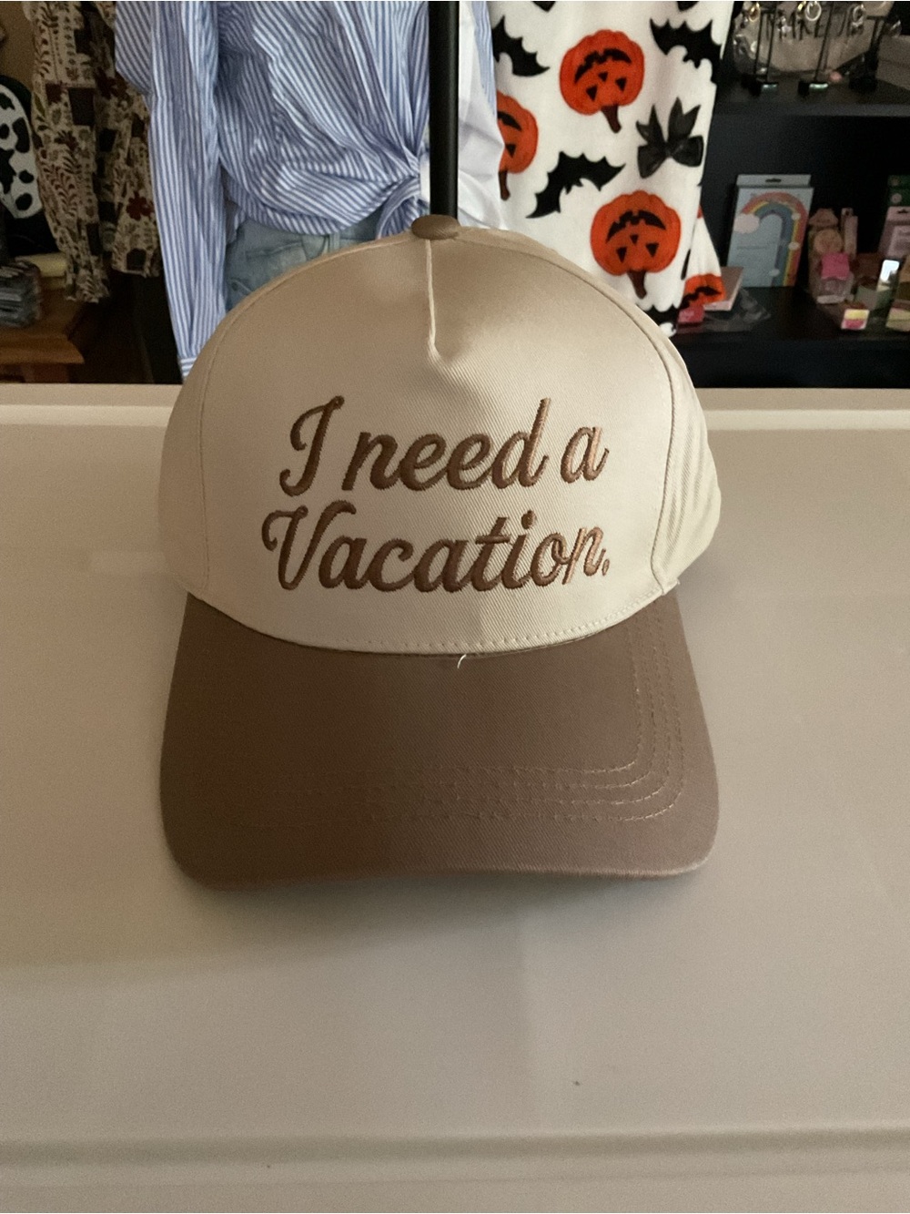 I Need a Vacation Beige and Brown Baseball Cap